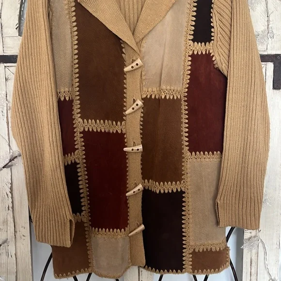 Vintage 90s Western Genuine Leather Patchwork and Knit Cardigan Sweater - Picture 3 of 6